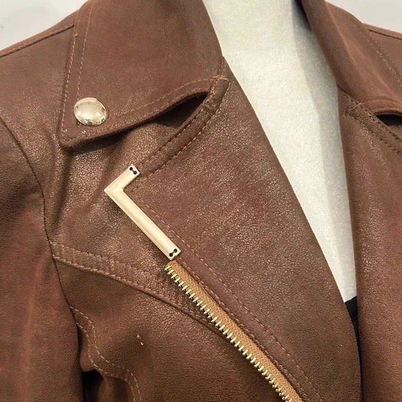 Mahogany Brown Military Style Faux Leather Jacket EUC SZ 10 Fitted Slimming - Picture 6 of 9